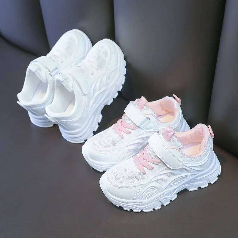 Kids White Breathable Comfortable Students Sports School Trendy 2025 New Children Running Shoes Thick Soft Sole 26W0224