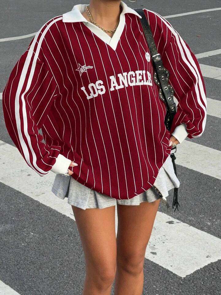 Women's Casual Striped Letter & Number Print Athletic Polo Collar Long Sleeve T-Shirt Drape Oversize Tops Streetweat Spring/Fall 26W0224