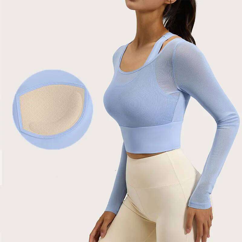 Aiithuug Long Sleeve Sheer Mesh Sexy Top Longsleeve Padded Camisole Workout Yoga Bra Crop Fitness Shirts Cropped 26Y0224