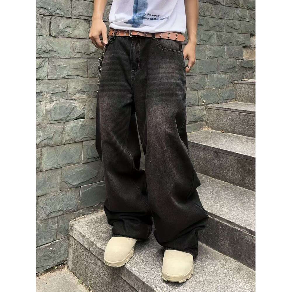 2025 Spring and Autumn New Street Style Trendy Brand Washed Design Jeans Loose Floor-Length Wide-Leg Pants