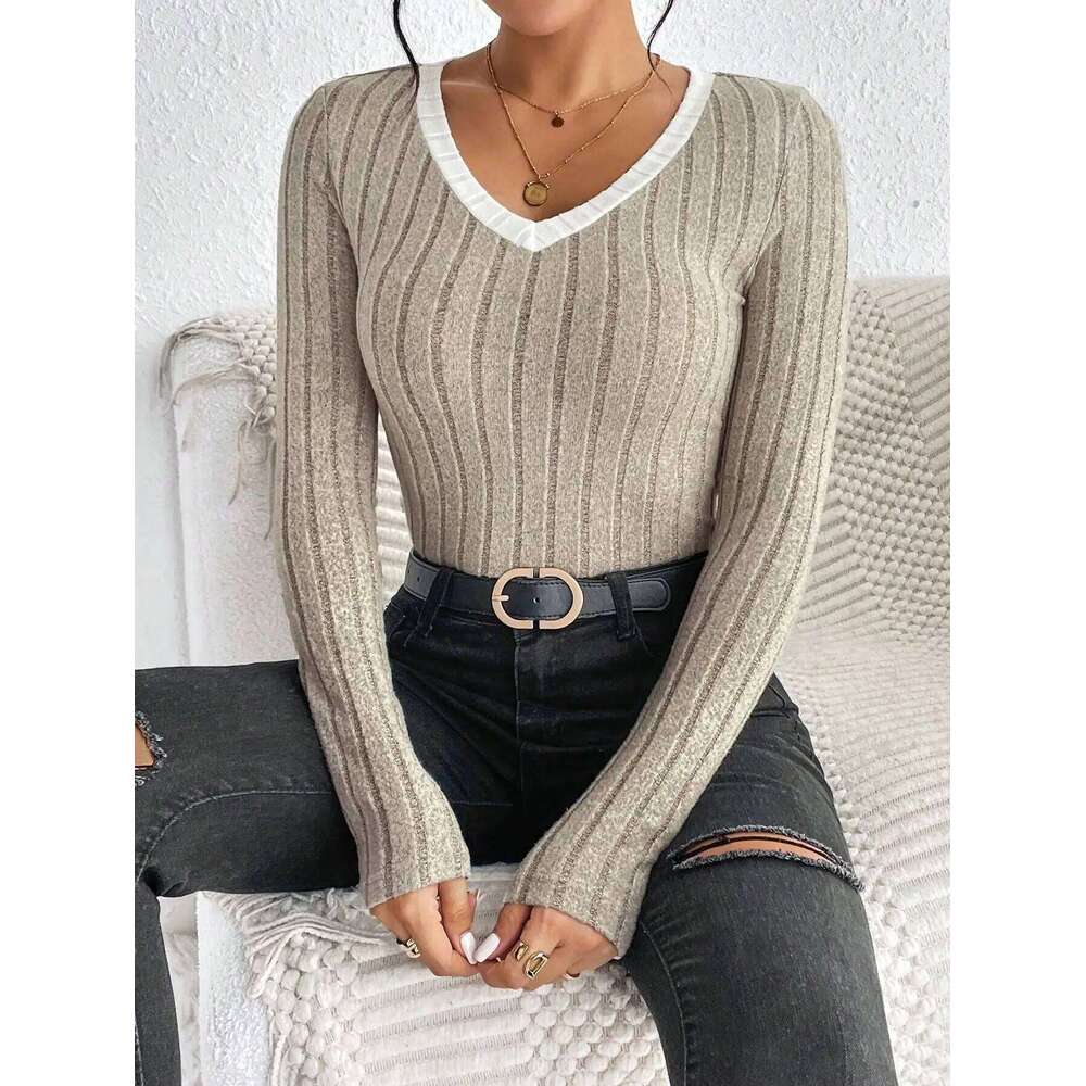 Slim Sexy Knit Long Sleeve V-Neck Neck Edge Clash Top New Autumn and Winter Women's Casual Pullover 26L0224