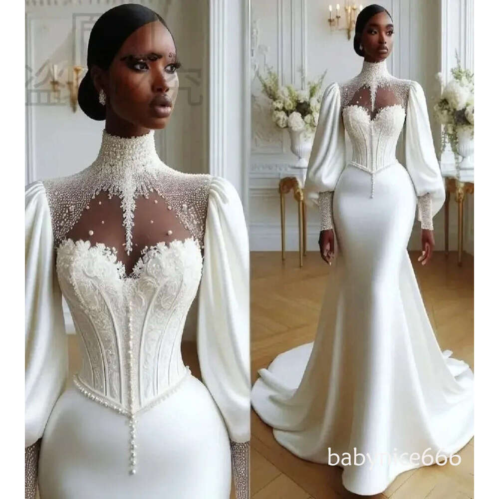 Stunning African Wedding Aso Ebi High Neck Pearl Mermaid Bridal Gown Long Sleeve Satin Bohemian Gypsy Bride Dress Vestido De Novias F10