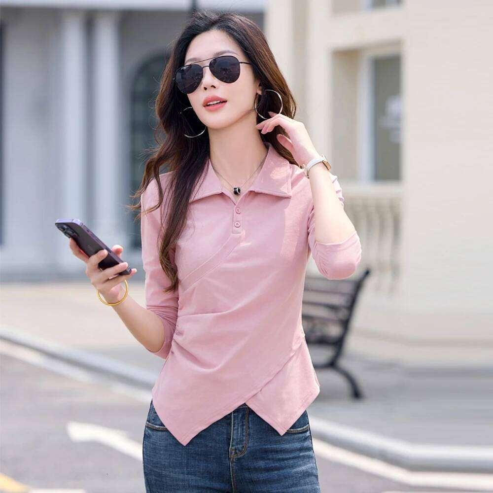 Front slit Polo collar long sleeved T-shirt for women's autumn new cotton fashion plus size irregular casual top 26W0224