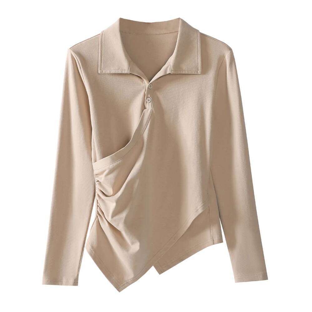 Front slit Polo collar long sleeved T-shirt for women's autumn new cotton fashion plus size irregular casual top 26W0224