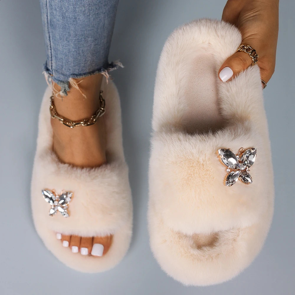 Women Fluffy Slippers Fur Slides Crystal Butterfly Faux Fur Sandals Glitter Rhinestone Platform Slippers Female Shoes 260124