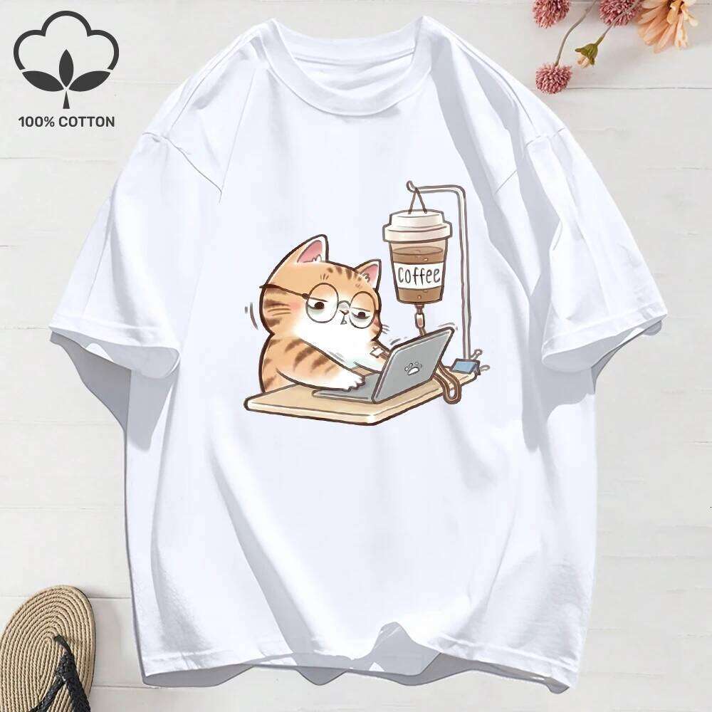 100% Cotton Womens T-Shirts Summer Work Cats That Cannot Do Without Coffee Prints T Shirt Soft Loose O-Neck Tops Basic Clothes H260224