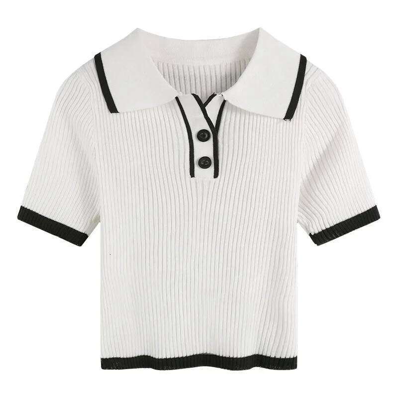Contrast Color Polo Collar Shoulder Knitted Sleeves T-shirt Women's Summer Slim-Fitting Design Sense Niche Short Tops 26W0224