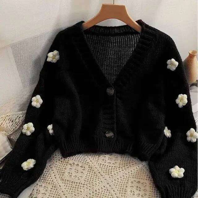Sweet 3d Flower V Neck Knitted Cardigan Women 2025 Autumn New Long Sleeve Thin Sweater Coat Solid Versatile Short Tops 26L0224