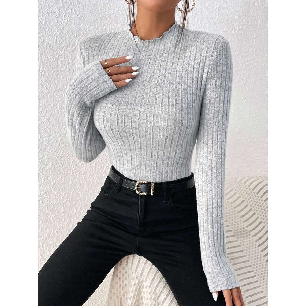 Fashion Slim Ruffle Neck Knit Long Sleeve Top, Lace Mid-Collar Women's Striped Bottom Shirt, Autumn and Winter Casual Sweater 26L0224