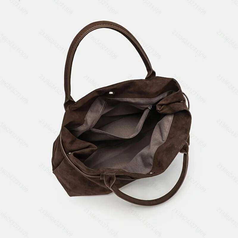 Women's Retro Tote Bag, Elegant Coffee-Colored Faux Suede Handbag, Versatile Shoulder Bag for Commuting and Casual Use Z260224