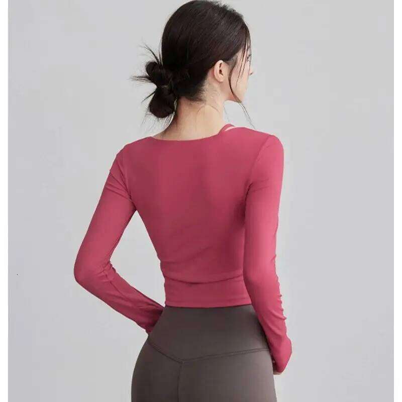 Women's Slimming 2-in-1 Yoga Shirt Top with Padded Professional Pilates Wearing Fitness Training Long Sleeve Gym Clothing 26Y0224