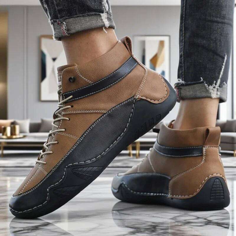 High Top Men's Leather Stylish Two Tone Design Ankle Casual Shoes 2025 Daily Eye Catching Fashionable Driving Sneakers