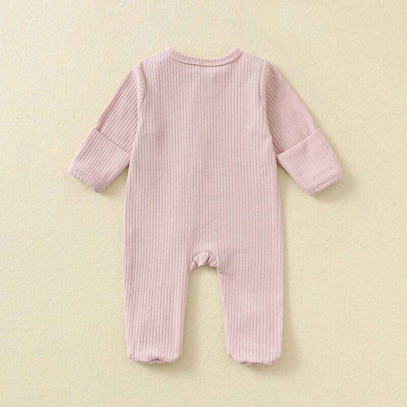 Baby Romper Long Sleeve Footed Cotton Zipper Front Outfit Spring Fall Newborn Unisex Ribbed Knitted Jumpsuit Pajamas Solid 26Y0224