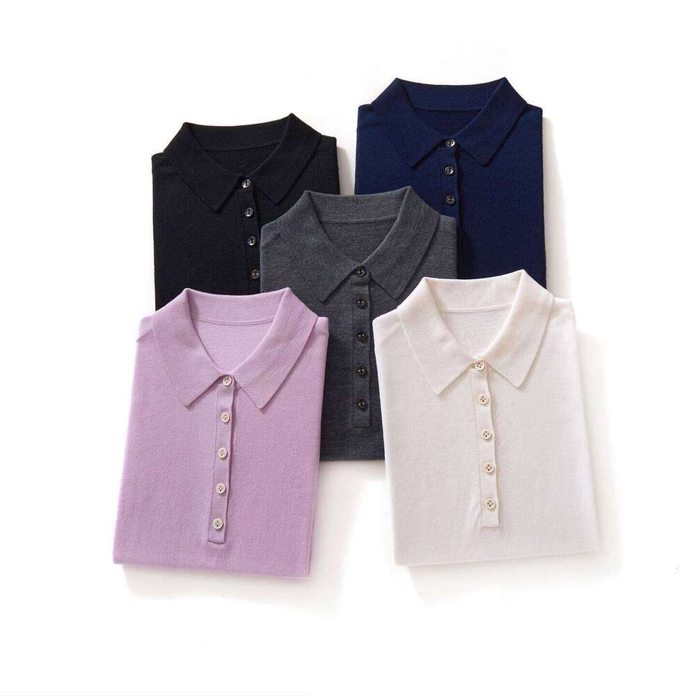 Ladies' 100% fine spun wool sweater short sleeved casual Tees solid color knitted T-shirt POLO collar Tops loose Pull Jumper 26W0224