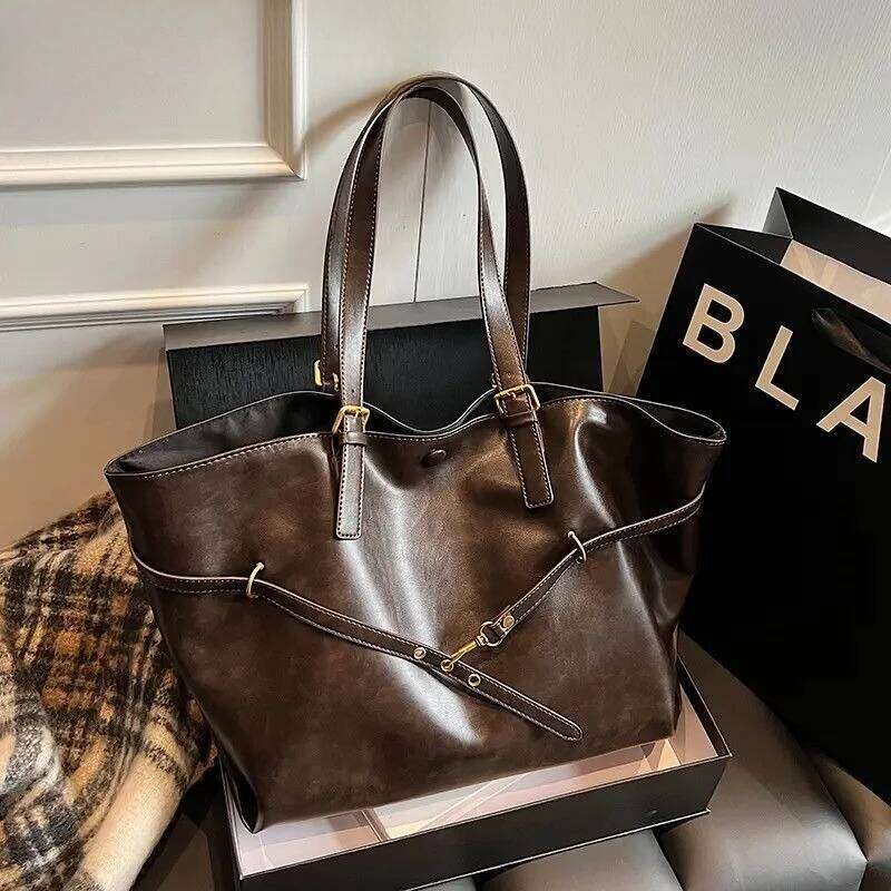 Korean Style Casual Solid Shoulder Vintage Large Capacity PU Leather Tote Bag Women Y2k Fashion Handbags Trend Underarm Bags Z260224