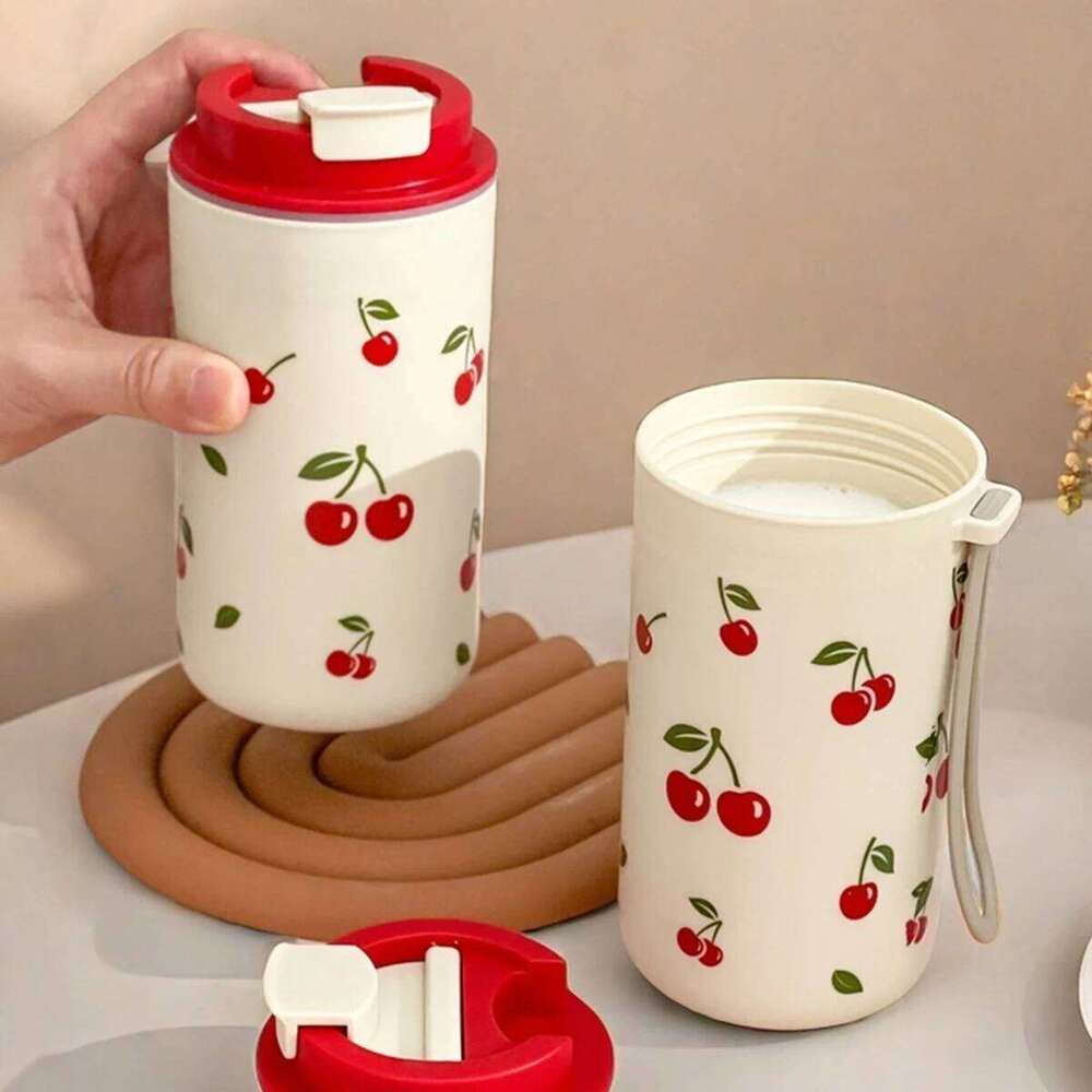 350/400ml Tumbler Plastic Cup With Rope Cherry Pattern Milk Coffee Mug Reusable Water Bottle For Student School Travel