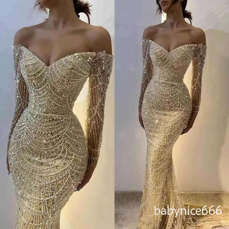 Champagne Sexy Mermaid Evening Dresses Beaded Elegant Off Shoulder Pearl Sequined Long Formal Prom Party Gowns Vestido De Gala BC18359