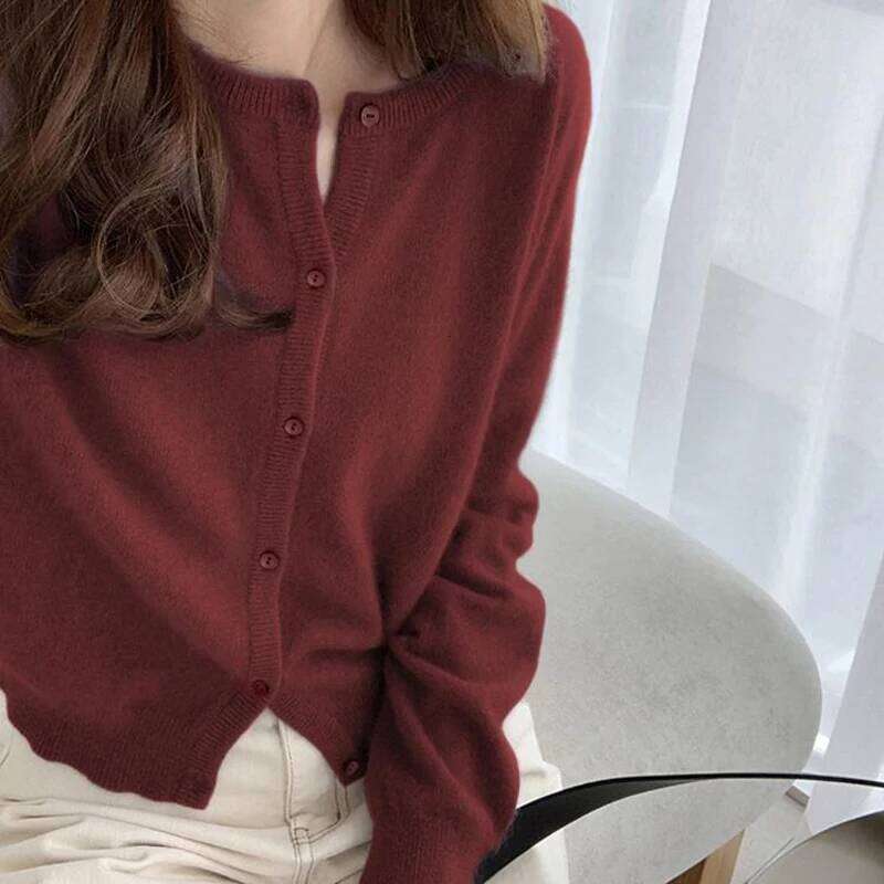 O Neck Solid Color Simple Short Loose Fit Knitted Cardigan Pring Autumn Sweet Casual Long Sleeve Sweater Jacket Women New 9053 26L0224
