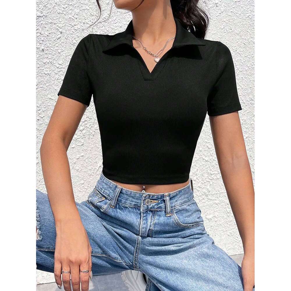 polo neck V sleeve women's summer shoulder high waist Spice Girl T-shirt slimming short crop top 26W0224
