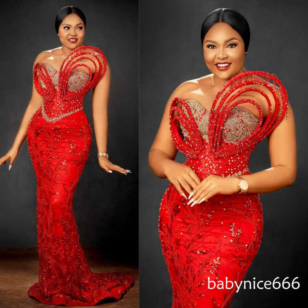 2026 African Plus Size Prom Dresses Special Occasions Red Long Evening Gowns Mermaid Beaded Lace Rhinestones Birthday Dress for Nigeria Black Women D2