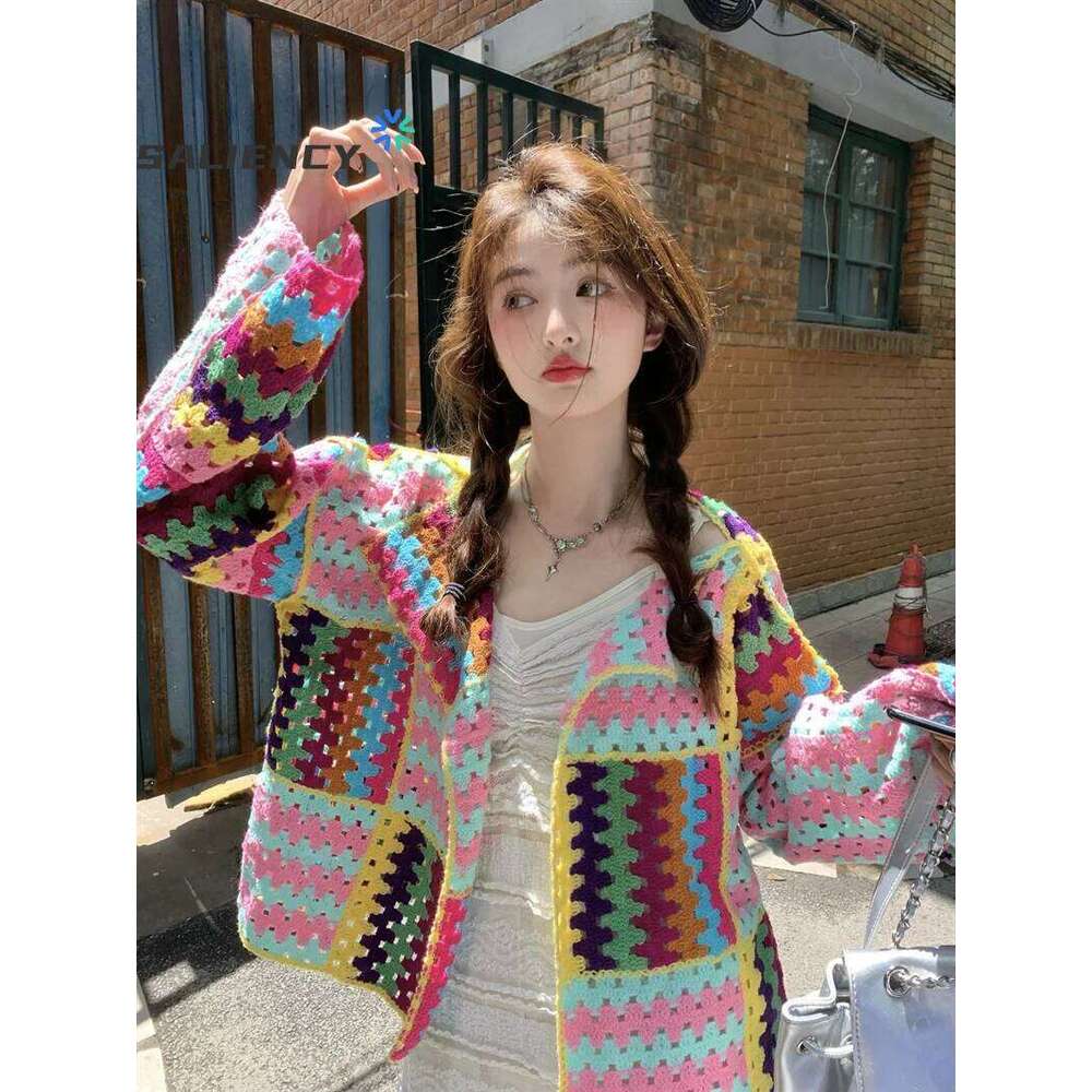 SALIENCY Colorful Crochet Knit Hollow Cardigan Sweater Jacket Women Spring Top Loose Short Knitwear 26L0224
