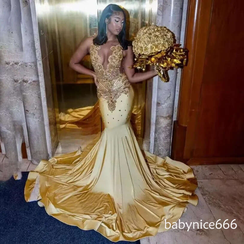 Sexy Gold Sequins Mermaid Prom Dresses For Black Girls 2026 Glitter Crystal Plus Size Backless Evening Occasion Birthday Gowns Customized J02