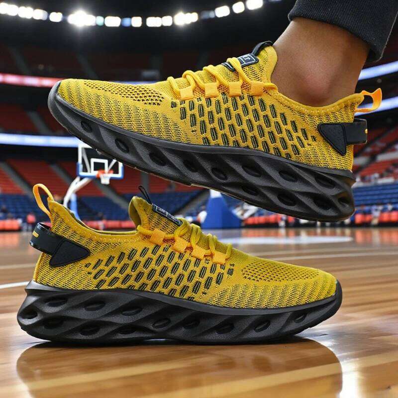 Men's Athletic Basketball Sneakers Bright Yellow Woven Upper Airy Mesh Design Men Trendy Non-slip Functional Sports Shoes