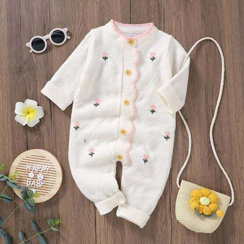 Newborn Baby Rompers Knit Infant Girl Jumpsuit Long Sleeve Autumn Toddler Kid Clothes Fashion Ruffles Embroidered 0-18M Overalls 26H0224