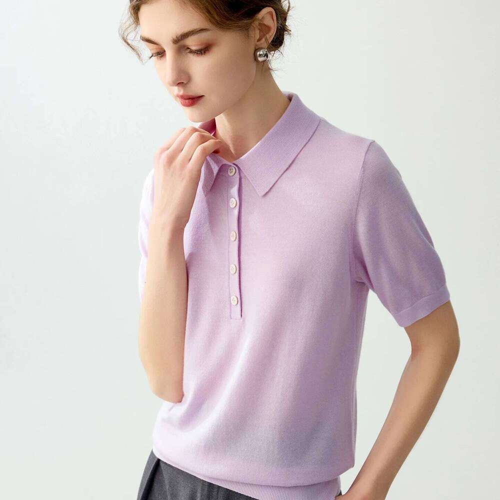 Ladies' 100% fine spun wool sweater short sleeved casual Tees solid color knitted T-shirt POLO collar Tops loose Pull Jumper 26W0224