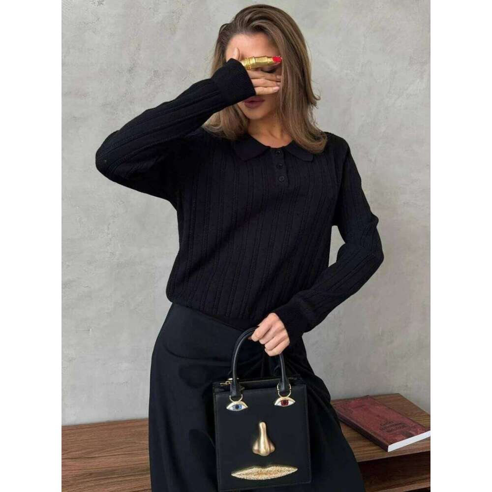 Blubelle Women's Autumn New Jacquard Sweater Loose Versatile Polo Shirt Collar Long Sleeve Knitted Top 26W0224