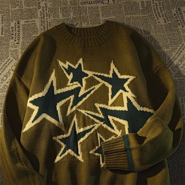 American-Style Trendy Brand Five-Pointed Star Jacquard Crew Neck Sweater For Men Women, Loose Casual , Autumn And Winter Knit Top