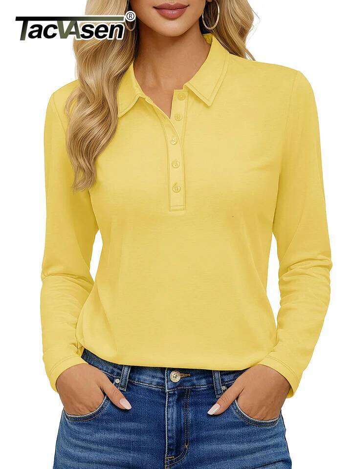 TACVASEN Women's Long Sleeve 5-Button Polo Shirts V-Neck Collared Tops Cotton Blend Casual Work T-Shirts with Side Split 26W0224