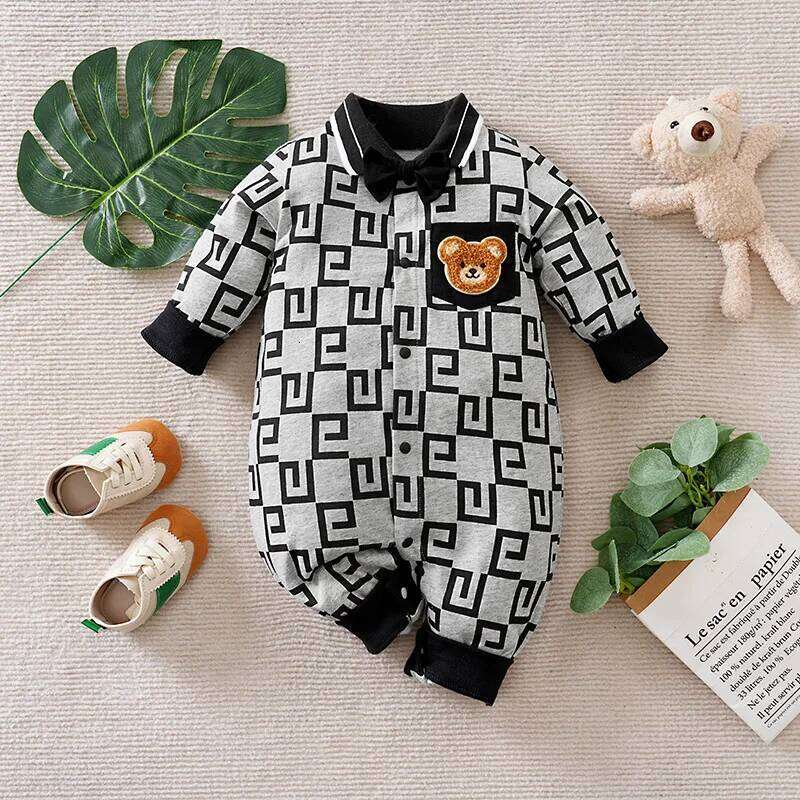 Newborn Baby 0-12 Months grey letter printing Cotton Long Sleeve Footies Toddler Boy Clothes Kids Jumpsuit Pyjama Bebe 26H0224