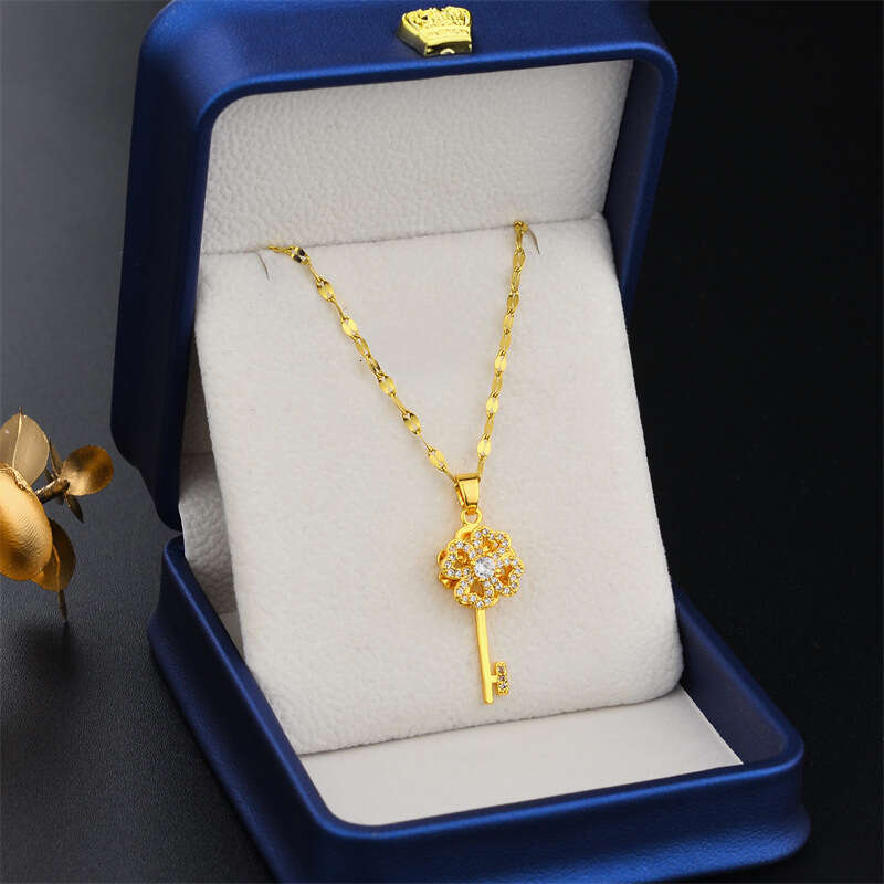 Lucky Turn Of The Wheel Rotatable Key Titanium Steel Necklace Non-Fading Micro-Inlaid Zircon Fashionable Internet Celebrity Clavicle Chain For Women