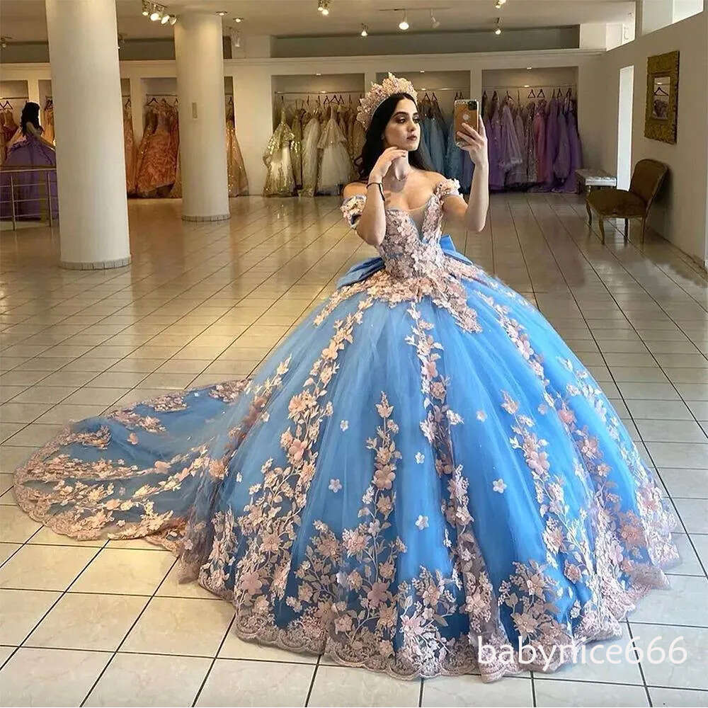 Sky Blue 3D Floral Lace Princess Quinceanera Dresses Off Shoulder Bow Corset Charro Prom Sweet 15 Vestidos De XV Anos BC18585