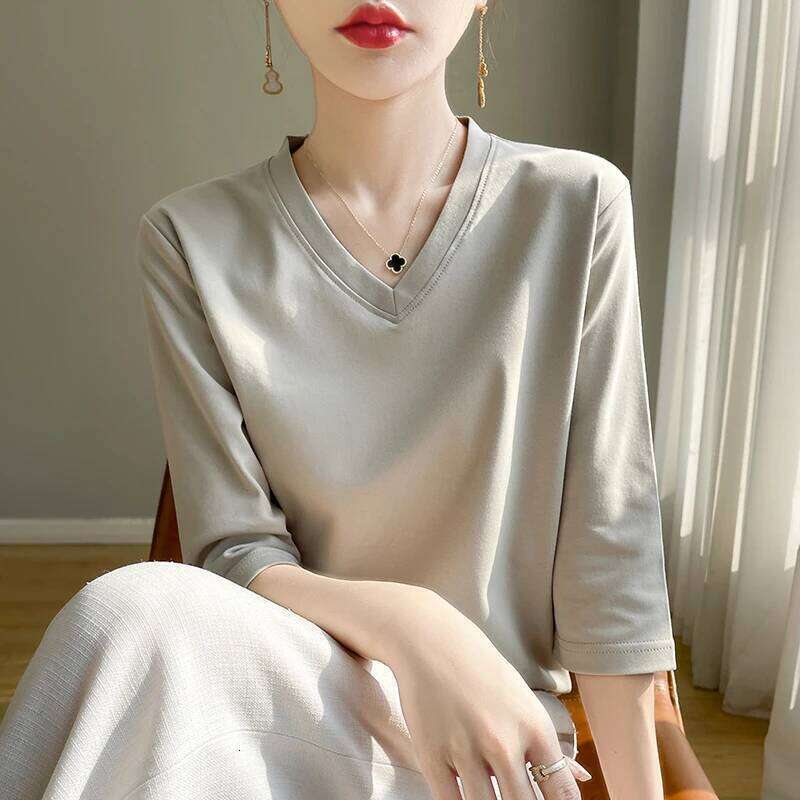 Spring And Summer New White Mercerized Cropped T-shirt Feminine Joker 100% Cotton Bottoming Shirt Half Sleeve 26Y0224