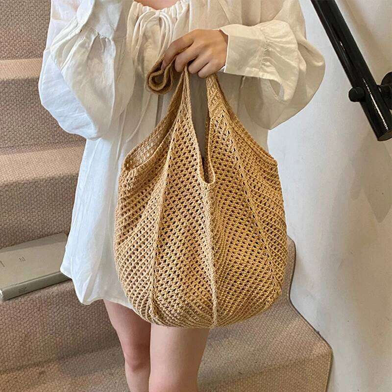 Women Knitting Shoulder Hollow Out Crochet Mesh Bag Large Capacity Knitted Tote Ladies Daily Handbag Z260224