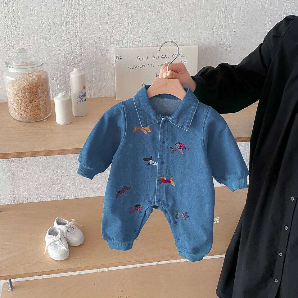 Baby one-piece suit, denim autumn wear, embroidered outdoor crawling for boys and girls, Hayi, first birthday clothes fo 26Y0224