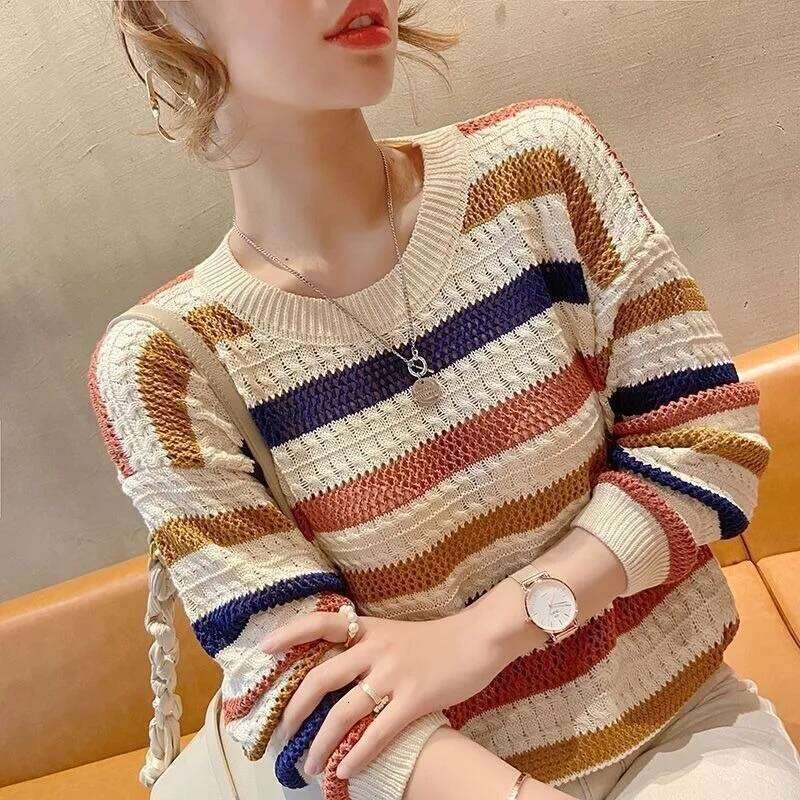 Women Sweater Loose Korean Fashion Knitted Autumn Spring Jumper Striped Hollow Out Streetwear Round Neck Female Clothing 26L0224