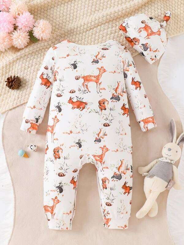 Spring Autumn Unisex Baby Romper Long Sleeve Deer Print Christmas Theme Onesie for Infants And Toddlers 26H0224