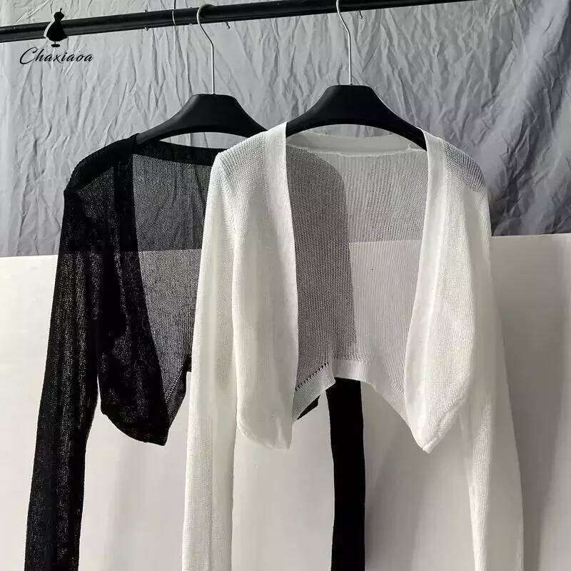 Sunscreen Cardigan Thin Women Knitted Jacket Perspective Long Sleeve Top Overlay Simple Casual Basic Slim Korean Fashion Summer 26L0224