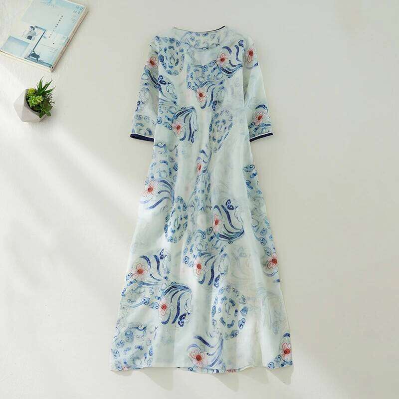 Mardi Hefxessdr Summer Cotton Chinese Style Vintage Print Dresses For Women New Casual Loose Long Dress Femme Robe Vestidos Elegant Clothes
