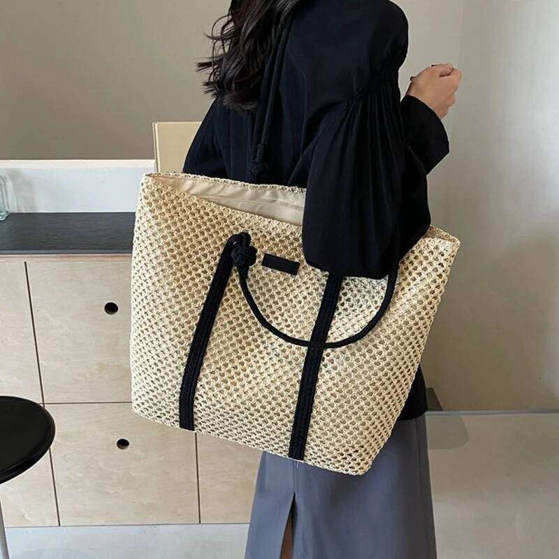 Summer Woven Tote Bag Casual Beach Vacation Women Shoulder Bags Large Capacity Female Handbags Solid Color Z260224