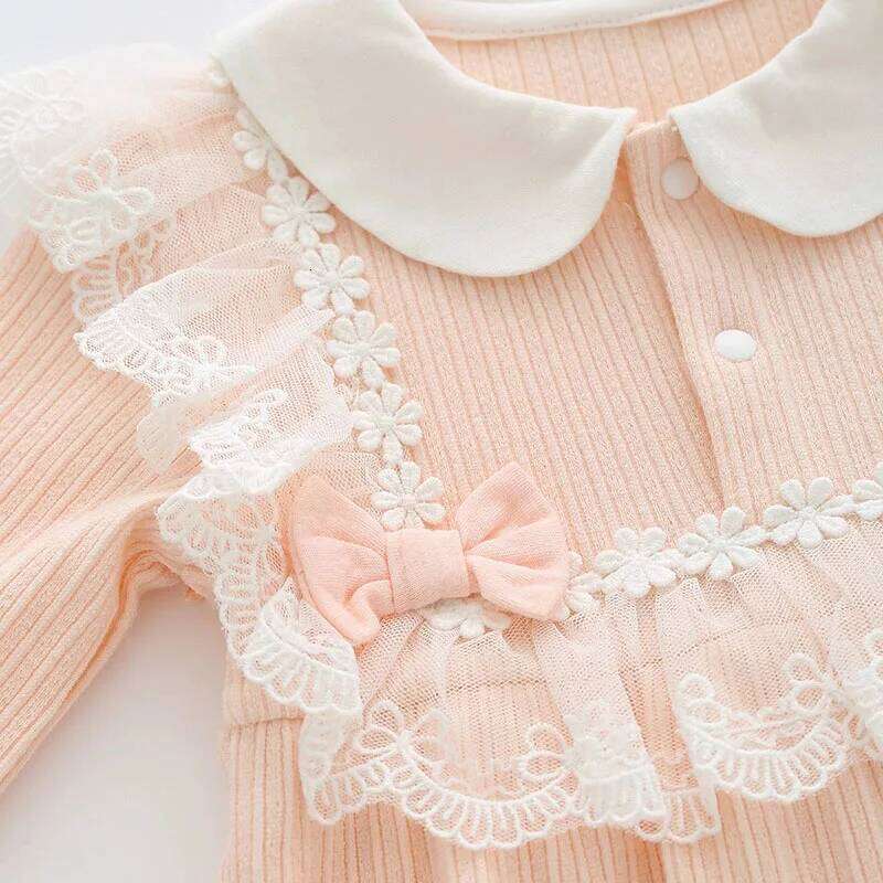 2Piece Sets Spring Autumn Newborn Girls Clothes Korean Cute Lace Bow Princess Peter Pan Collar Jumpsuits+Hat Baby Stuff B174 26H0224