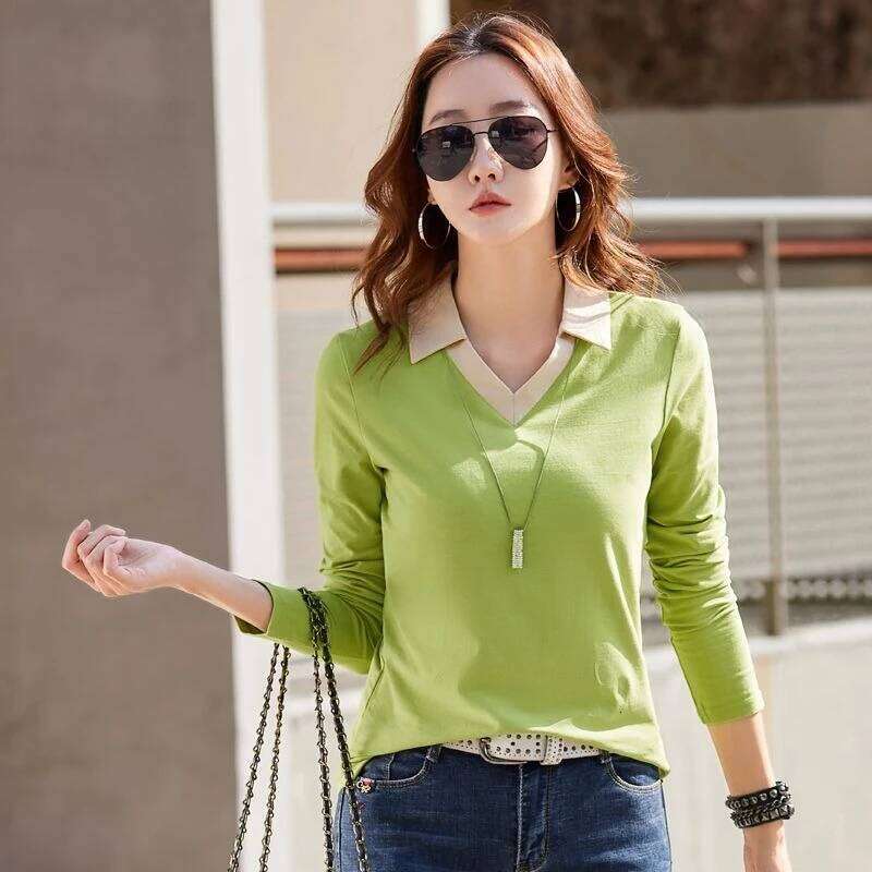 Women's Cotton Long Sleeve Polo Shirt 2026 New Loose Fit Casual Blouse Contrast Color Collar Fashion Autumn Top for Daily Wear 26W0224