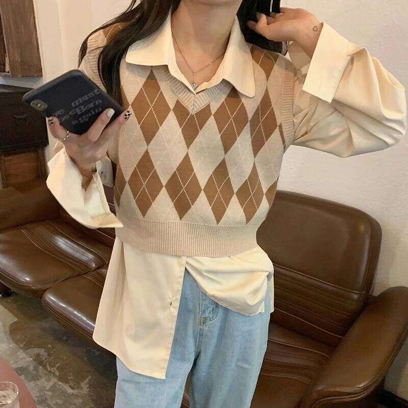 Autumn Fashion Female Vintage Plaid Sweater Vests Women's Tank Tops Crop Top Women Sleeveless Knitted Vest Waistcoat 26L0224