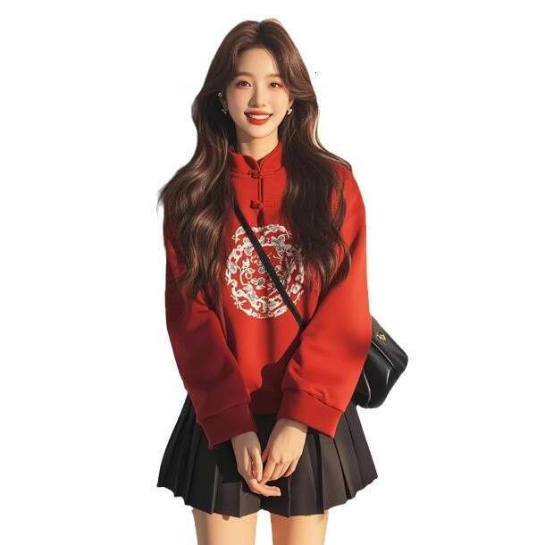 New Chinese Women's Clothing National Style Red Sweatshirt In Their Zodiac Year, Slim Fit, Regular Shoulder Design, Printed Top For Petite Women