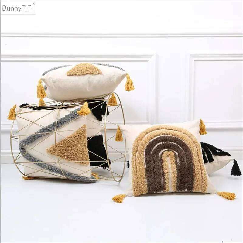 Embroidery Cushion Grey Khaki Tassels Home Decor Cover 45x45cm Geometric Decorative Sofa PillowCase Pillow Sham