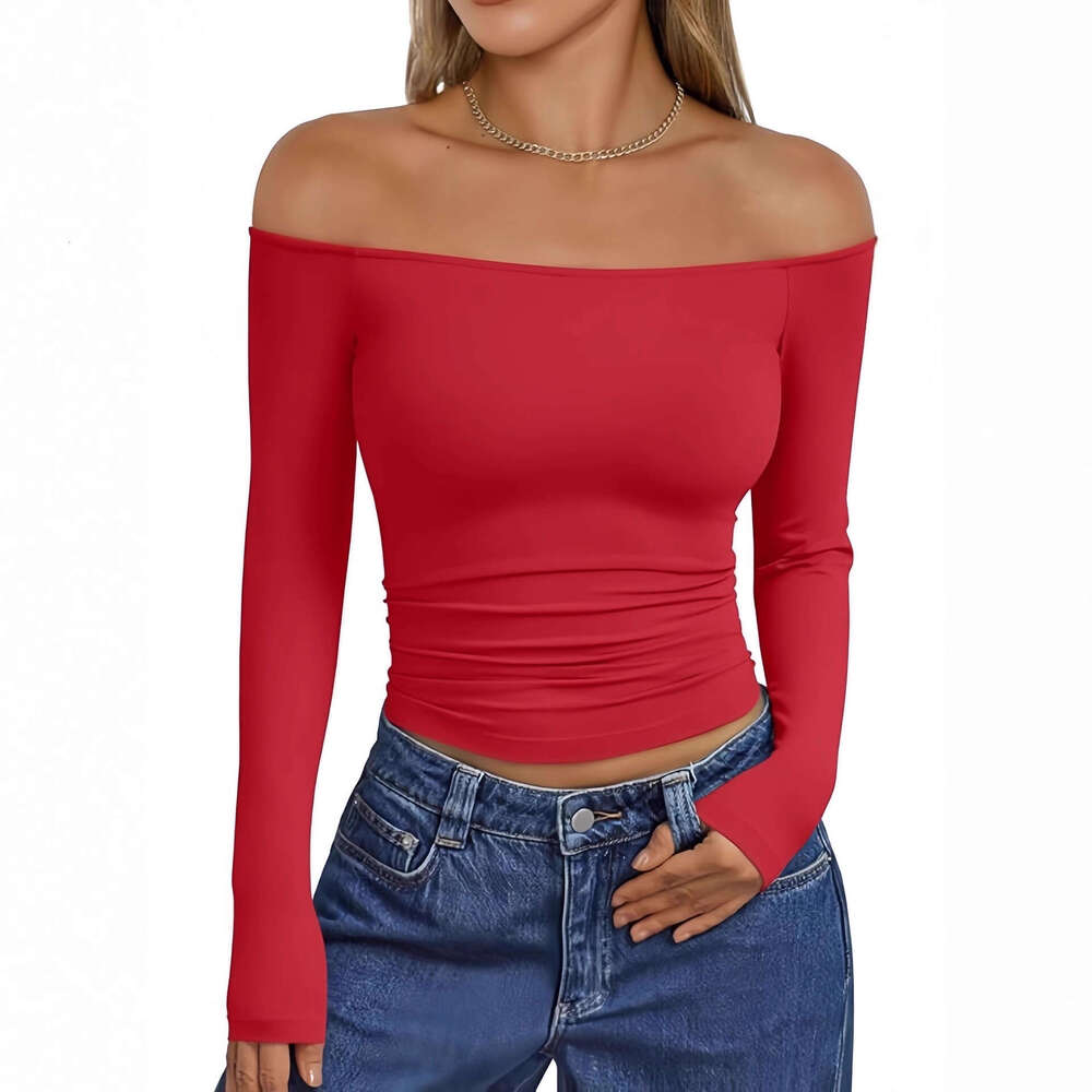 2026 European American cross-border new fashionable and sexy off-shoulder long-sleeve slim-fit T-shirt, versatile women's clothing