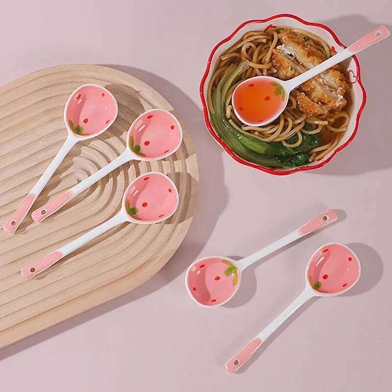 Kawaii Strawberry Ceramic Soup Cute Korean Ice Cream Hand Painted Coffee Dessert Long Handle Spoon Kitchen Accessories